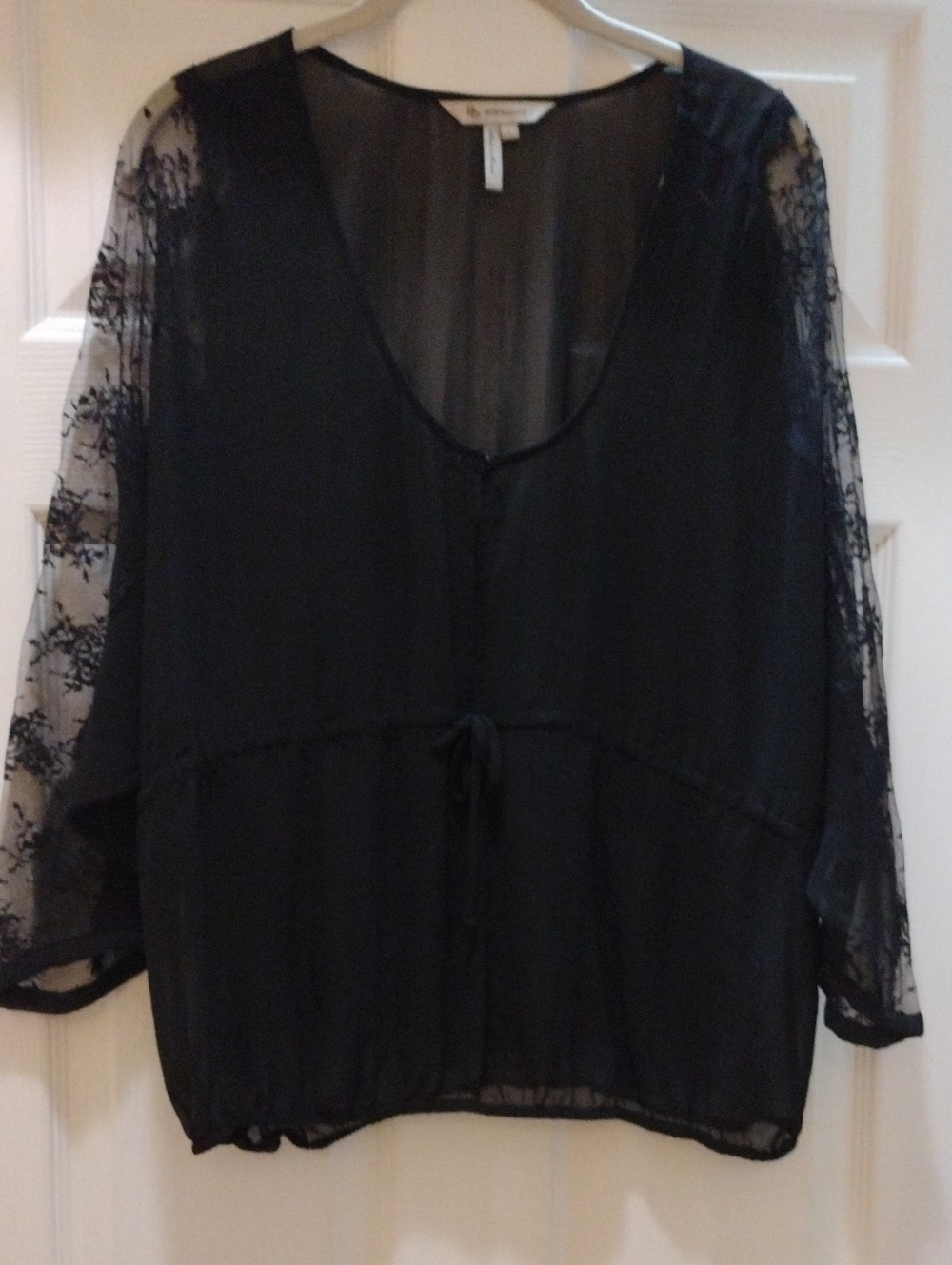 BCBGeneration Beautiful Black Sheer Top With Lace Going Down The Sleeves